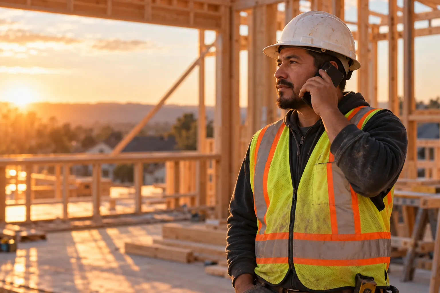 Construction superintendent in a hard hat on a phone call inside a wood-framed house, holding rolled plans
