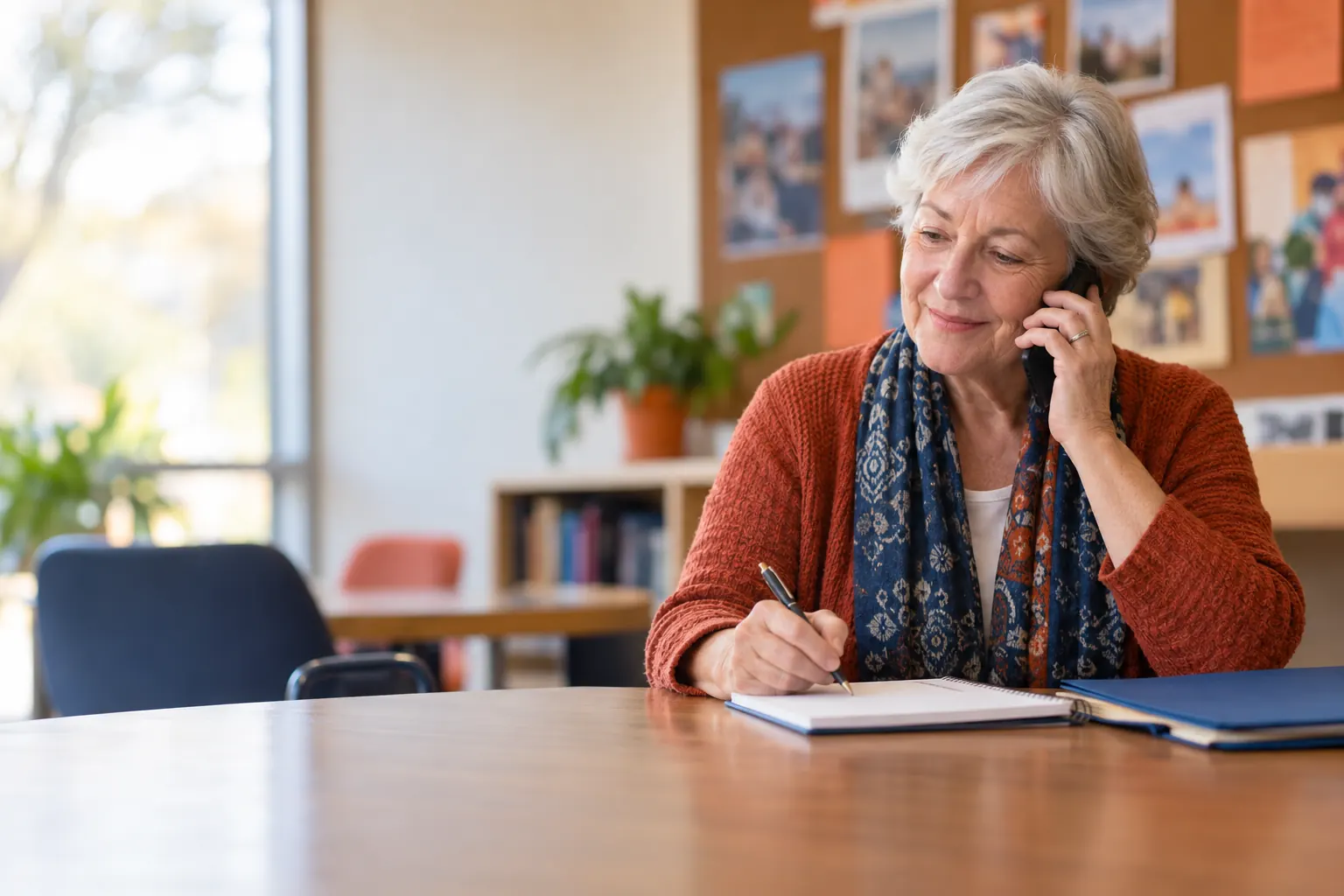 A resettlement caseworker takes notes during a phone call at her desk in a nonprofit office.